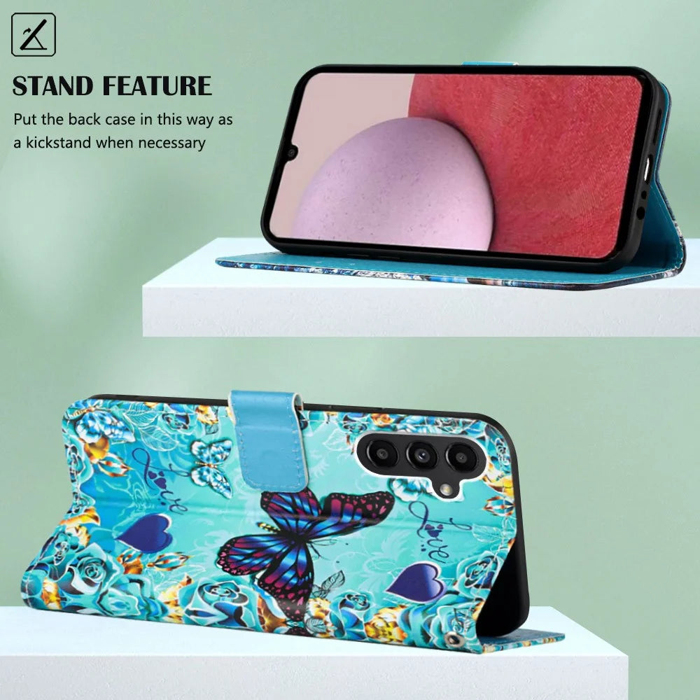 For Samsung Galaxy A24 4G (162.1mm) Leather Case with Strap and Card Holder Pattern Printing Phone Stand Cover - Butterfly and Heart - 4
