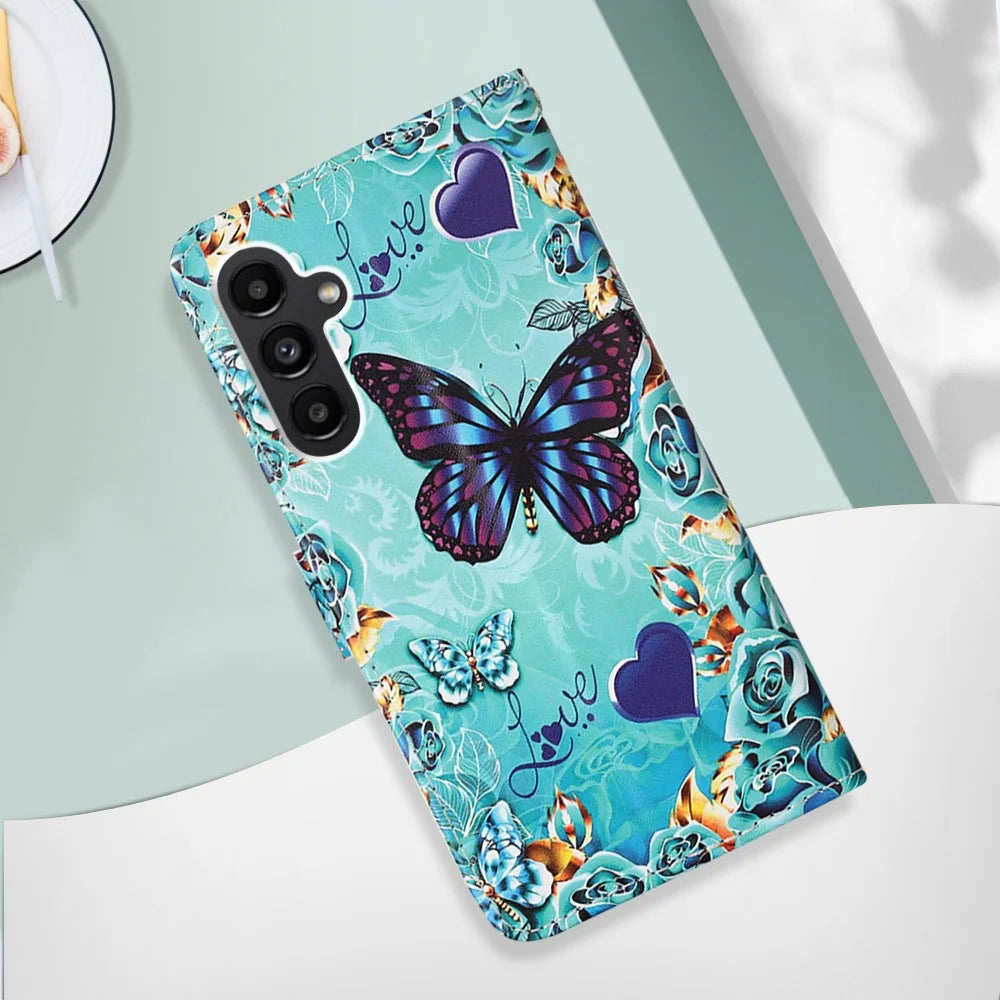 For Samsung Galaxy A24 4G (162.1mm) Leather Case with Strap and Card Holder Pattern Printing Phone Stand Cover - Butterfly and Heart - 5