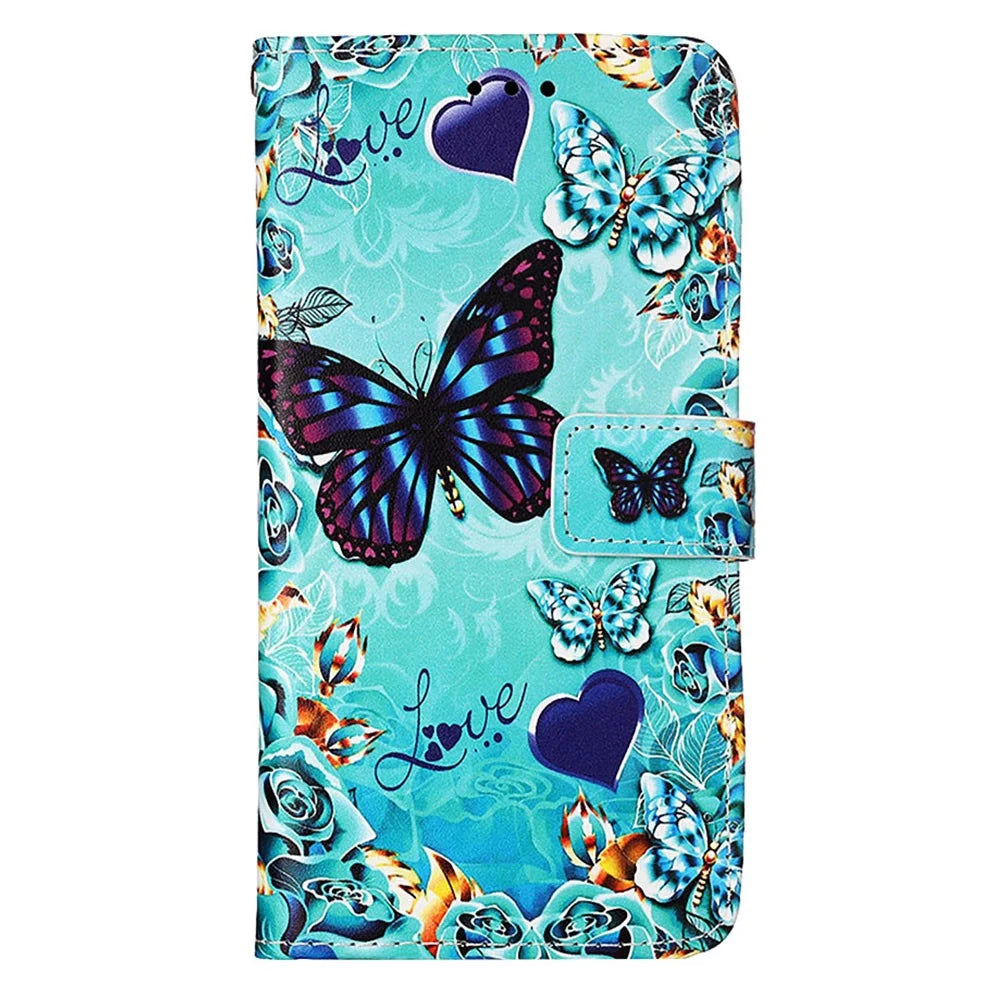 For Samsung Galaxy A24 4G (162.1mm) Leather Case with Strap and Card Holder Pattern Printing Phone Stand Cover - Butterfly and Heart - 6