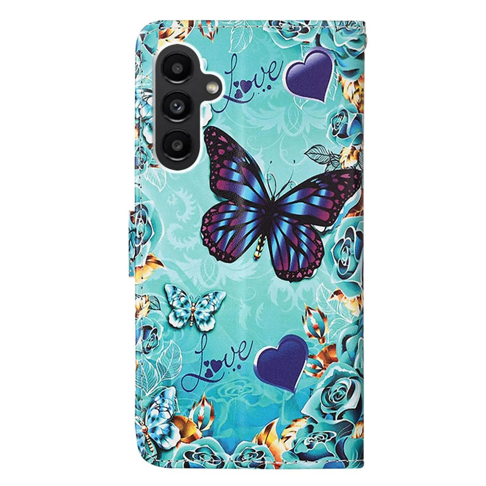 For Samsung Galaxy A24 4G (162.1mm) Leather Case with Strap and Card Holder Pattern Printing Phone Stand Cover - Butterfly and Heart - 7