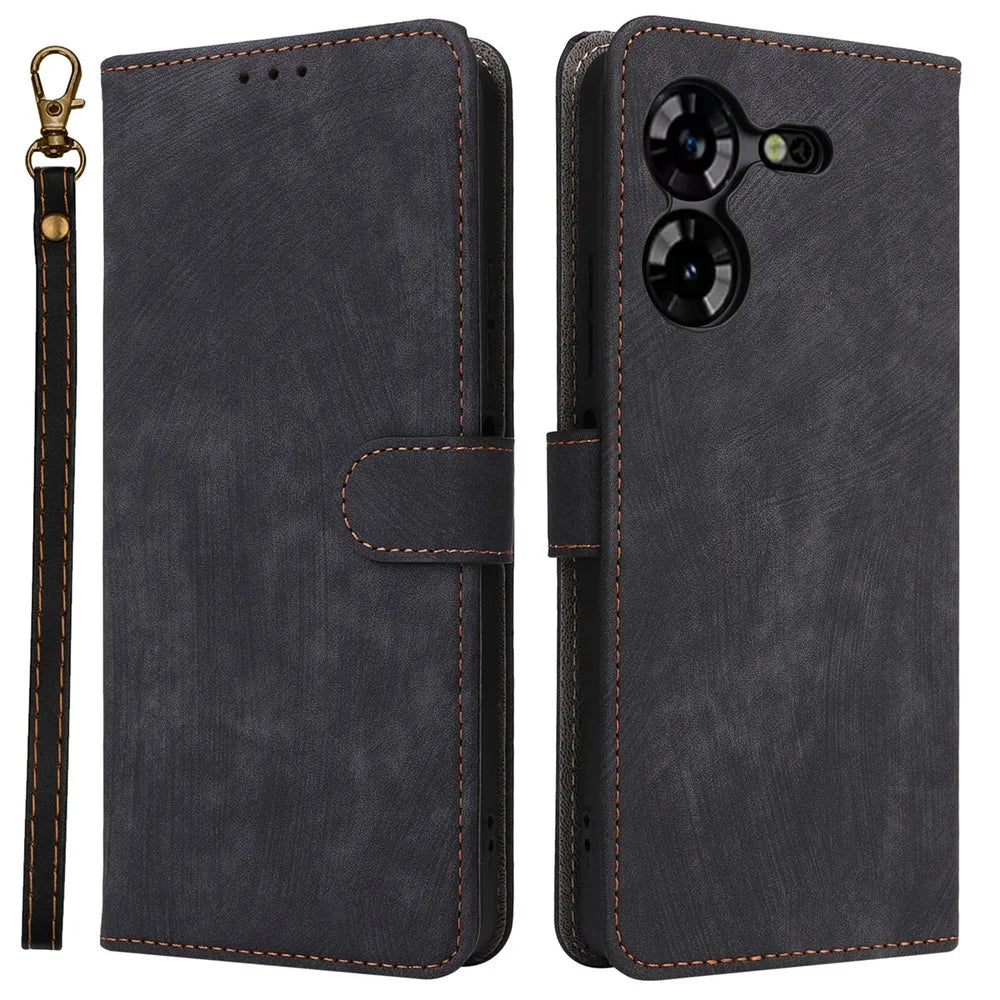 PU Leather Case for TECNO Pova 5 4G LH7N , Stand Shell RFID Blocking Wallet Phone Cover with Strap - Black - 1