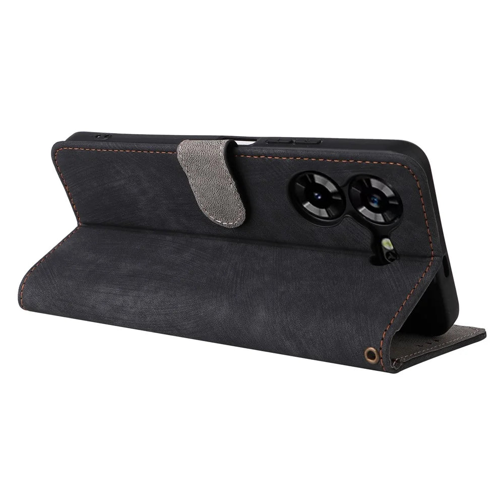 PU Leather Case for TECNO Pova 5 4G LH7N , Stand Shell RFID Blocking Wallet Phone Cover with Strap - Black - 4