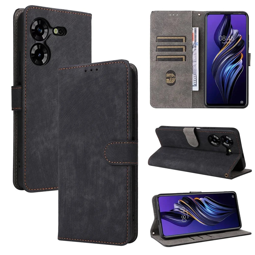 PU Leather Case for TECNO Pova 5 4G LH7N , Stand Shell RFID Blocking Wallet Phone Cover with Strap - Black - 5