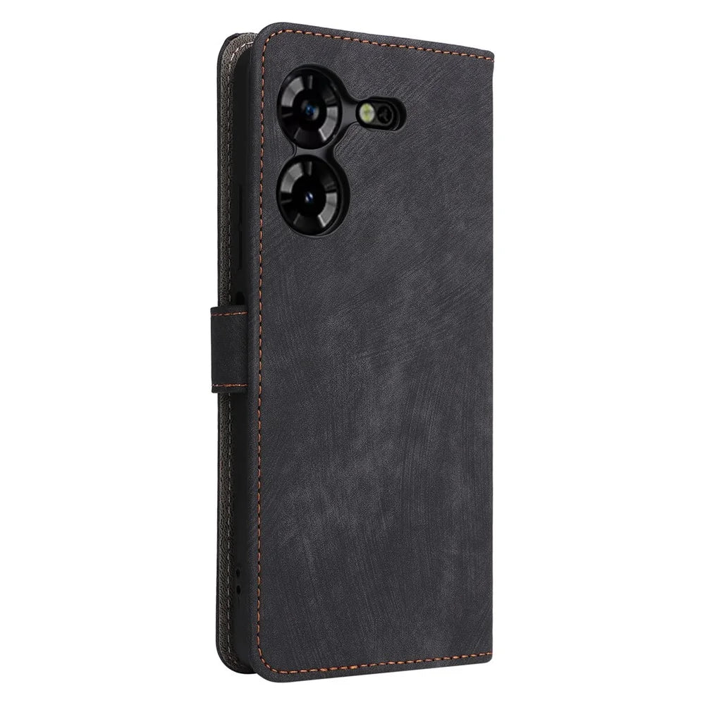 PU Leather Case for TECNO Pova 5 4G LH7N , Stand Shell RFID Blocking Wallet Phone Cover with Strap - Black - 7