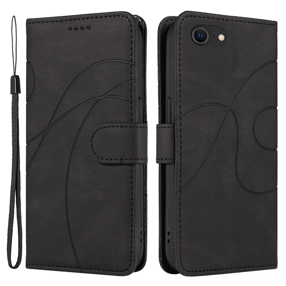 Leather Case for iPhone 6 / 6s / 7 / 8 / SE (2020) / SE (2022) , Imprinted Line Wallet Stand Phone Cover - Black - 1
