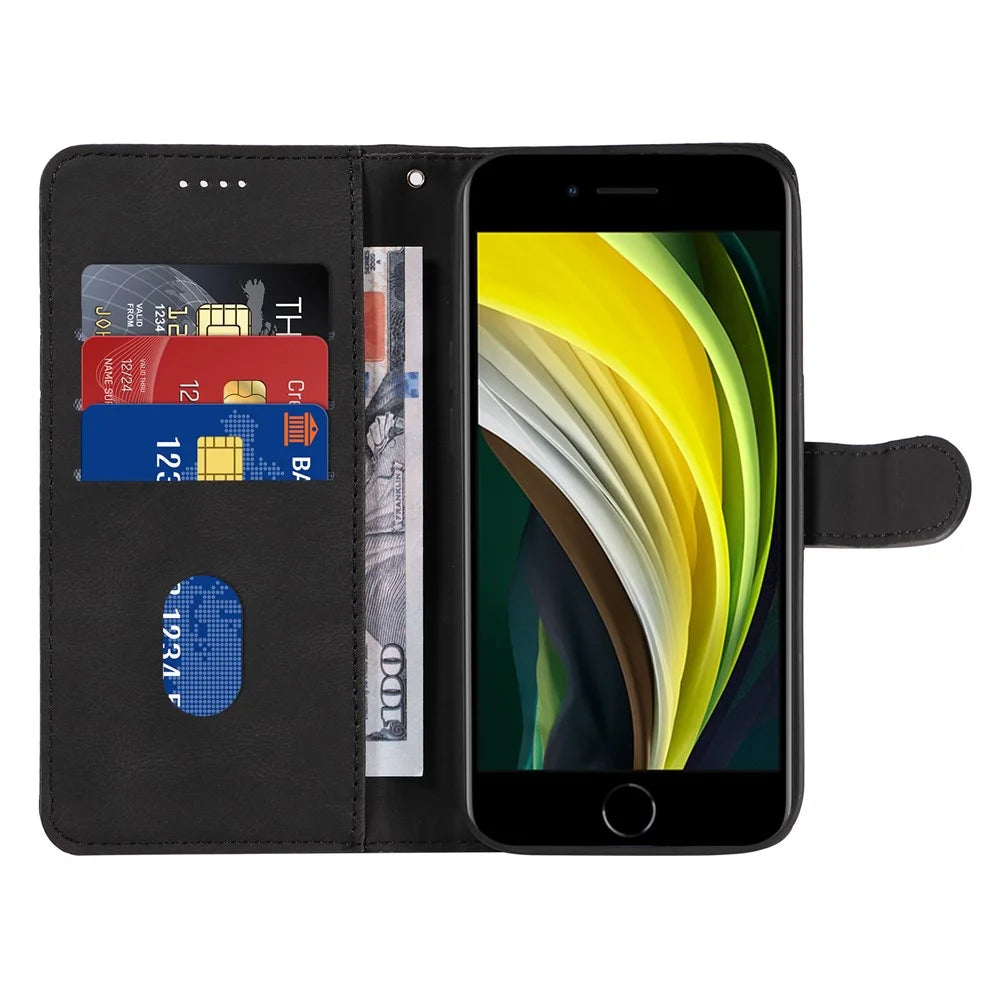Leather Case for iPhone 6 / 6s / 7 / 8 / SE (2020) / SE (2022) , Imprinted Line Wallet Stand Phone Cover - Black - 2
