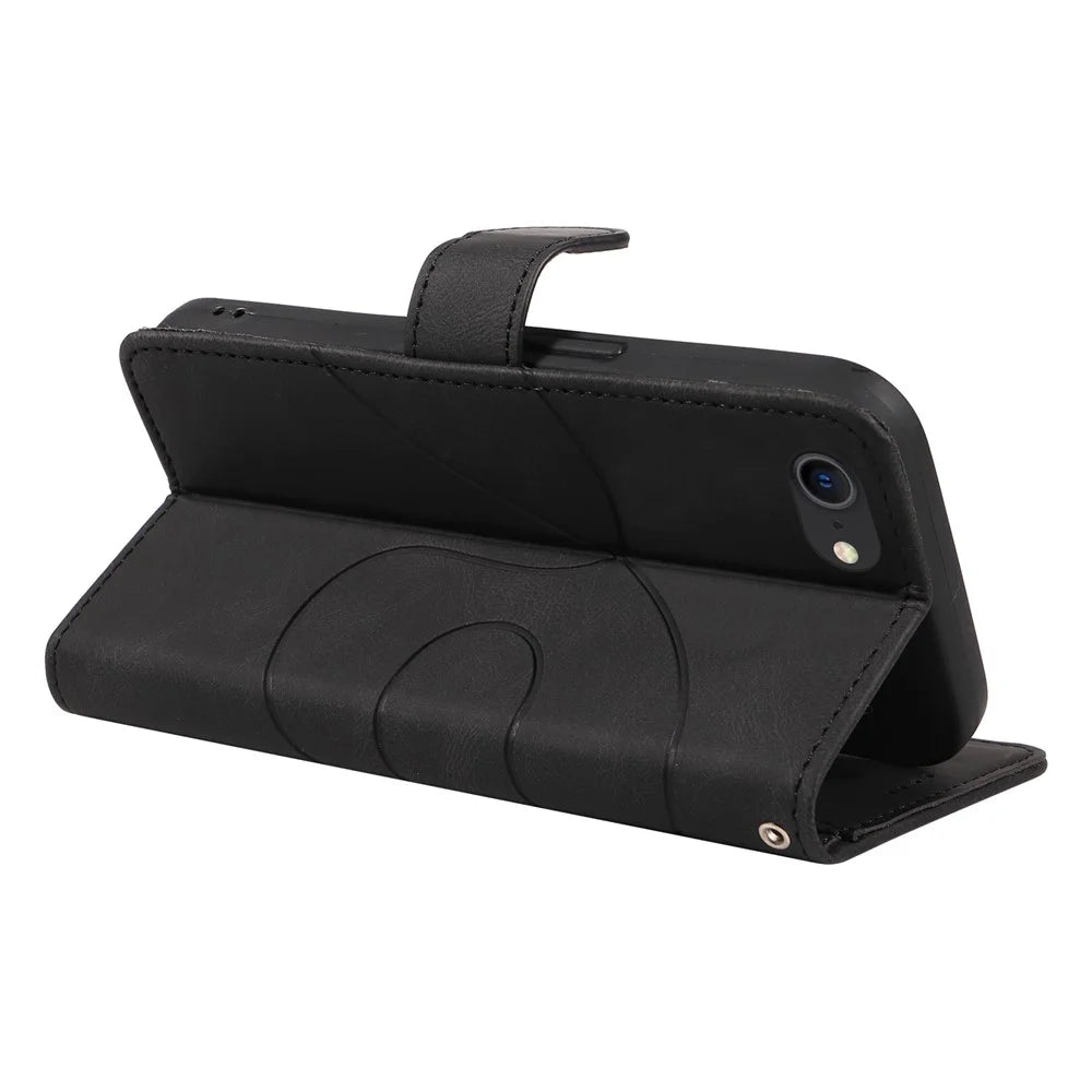 Leather Case for iPhone 6 / 6s / 7 / 8 / SE (2020) / SE (2022) , Imprinted Line Wallet Stand Phone Cover - Black - 3