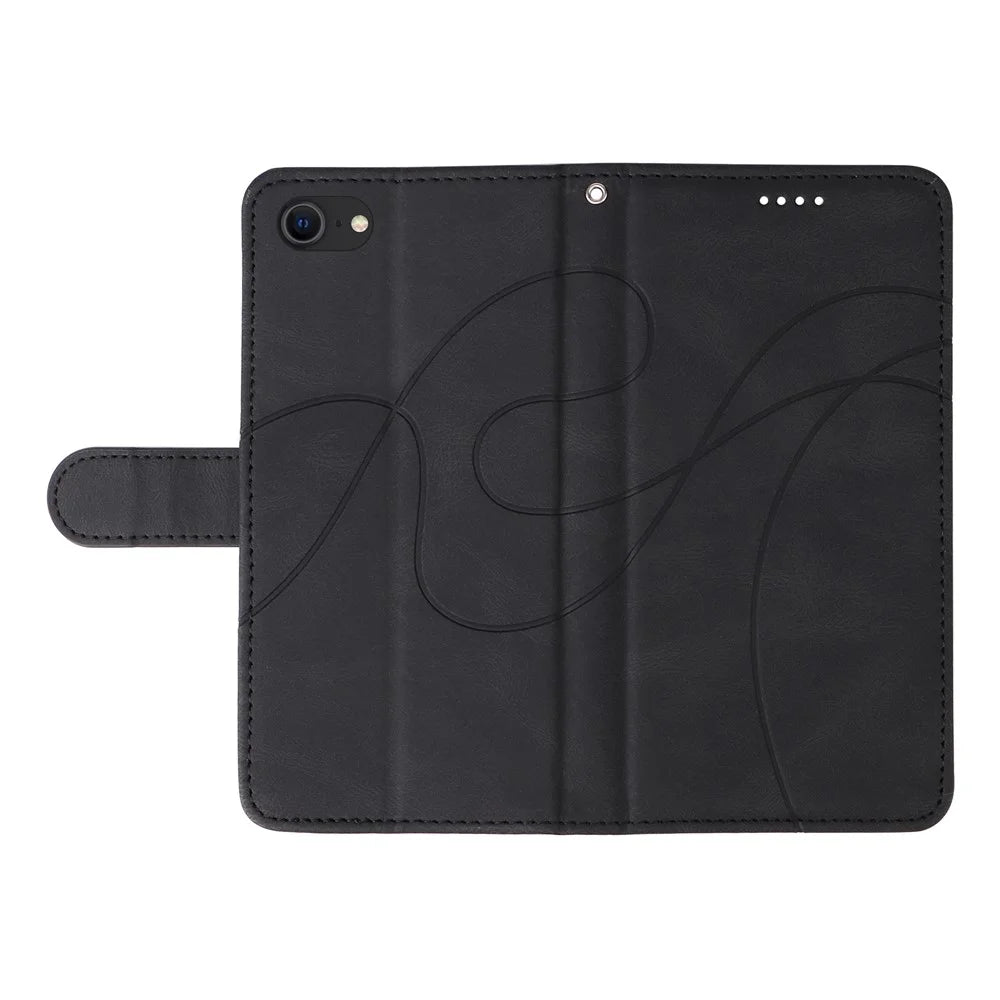 Leather Case for iPhone 6 / 6s / 7 / 8 / SE (2020) / SE (2022) , Imprinted Line Wallet Stand Phone Cover - Black - 5