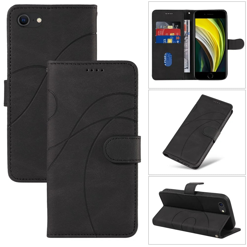 Leather Case for iPhone 6 / 6s / 7 / 8 / SE (2020) / SE (2022) , Imprinted Line Wallet Stand Phone Cover - Black - 7