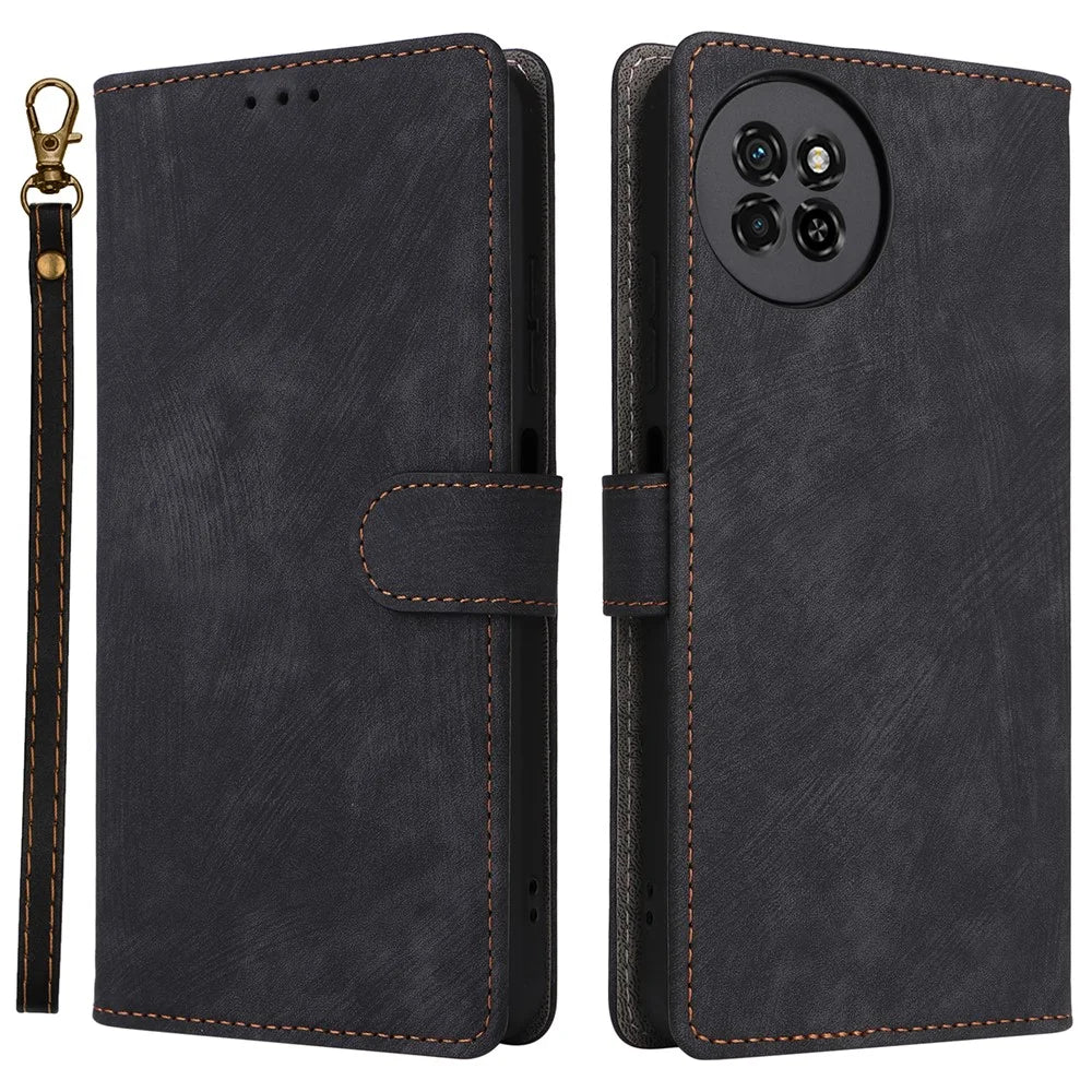 PU Leather Case for itel S23 S665L , Stand RFID Blocking Wallet Full Protection Phone Cover with Strap - Black - 1