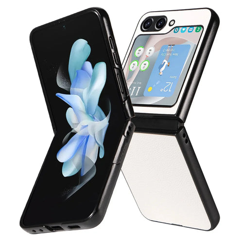 For Samsung Galaxy Z Flip5 5G Litchi Texture Phone Case PU Leather Coated PC Slim Fit Cover - White - 1
