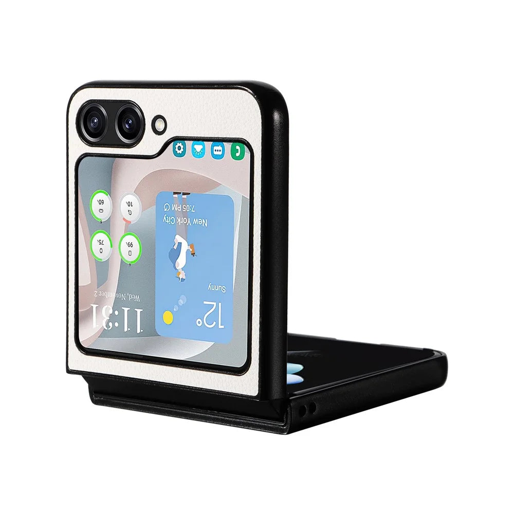 For Samsung Galaxy Z Flip5 5G Litchi Texture Phone Case PU Leather Coated PC Slim Fit Cover - White - 5