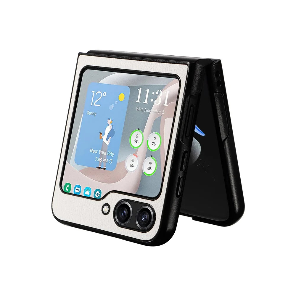 For Samsung Galaxy Z Flip5 5G Litchi Texture Phone Case PU Leather Coated PC Slim Fit Cover - White - 6