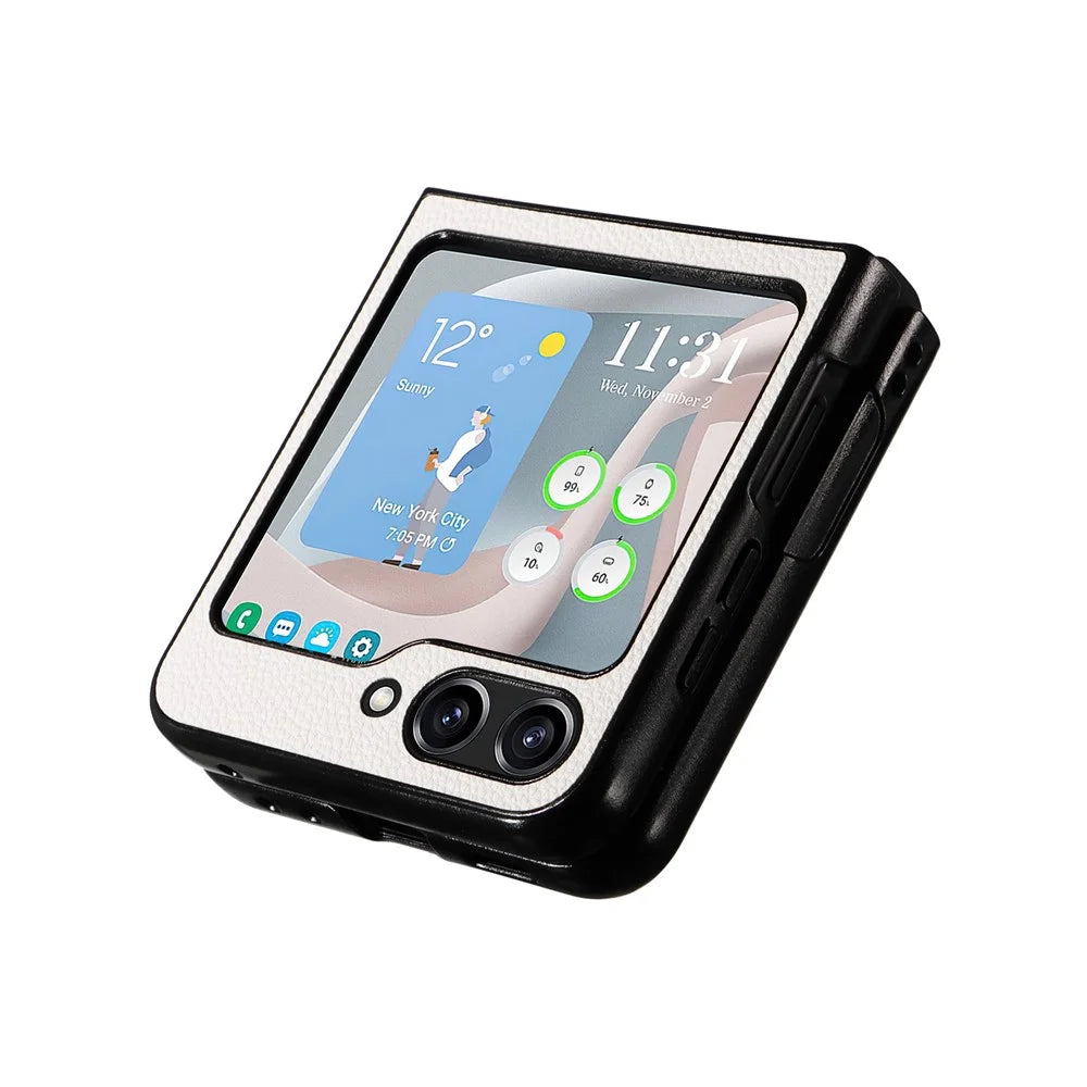 For Samsung Galaxy Z Flip5 5G Litchi Texture Phone Case PU Leather Coated PC Slim Fit Cover - White - 7
