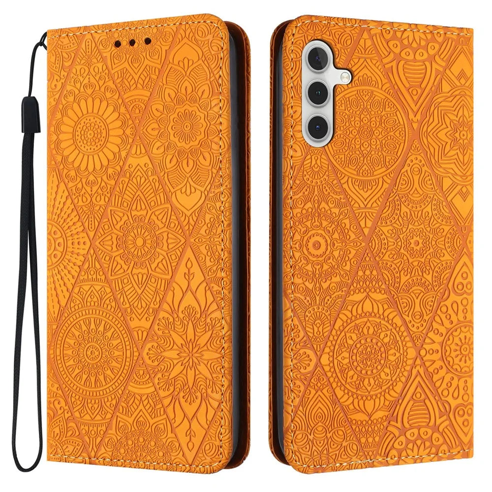 For Samsung Galaxy S23 FE PU Leather Wallet Case Retro Flower Imprnted Stand Phone Cover - Yellow - 1