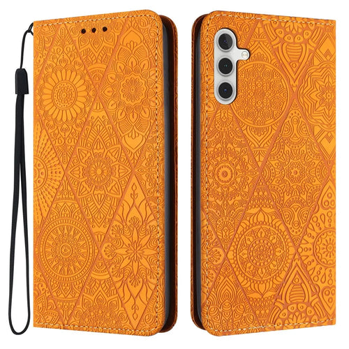 For Samsung Galaxy S23 FE PU Leather Wallet Case Retro Flower Imprnted Stand Phone Cover - Yellow - 1