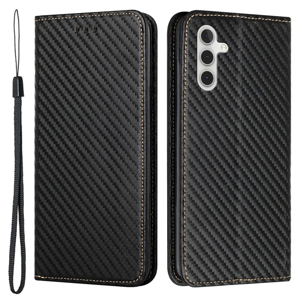 For Samsung Galaxy S23 FE Carbon Fiber Texture Leather Wallet Case Stand Phone Cover - Black - 1
