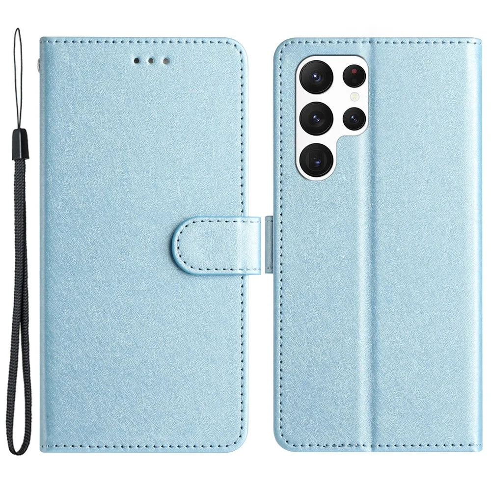 For Samsung Galaxy S22 Ultra 5G PU Leather Phone Case Stand Cover Silk Texture Full Protection Shell with Strap - Sky Blue - 1