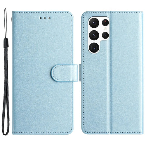 For Samsung Galaxy S22 Ultra 5G PU Leather Phone Case Stand Cover Silk Texture Full Protection Shell with Strap - Sky Blue - 1