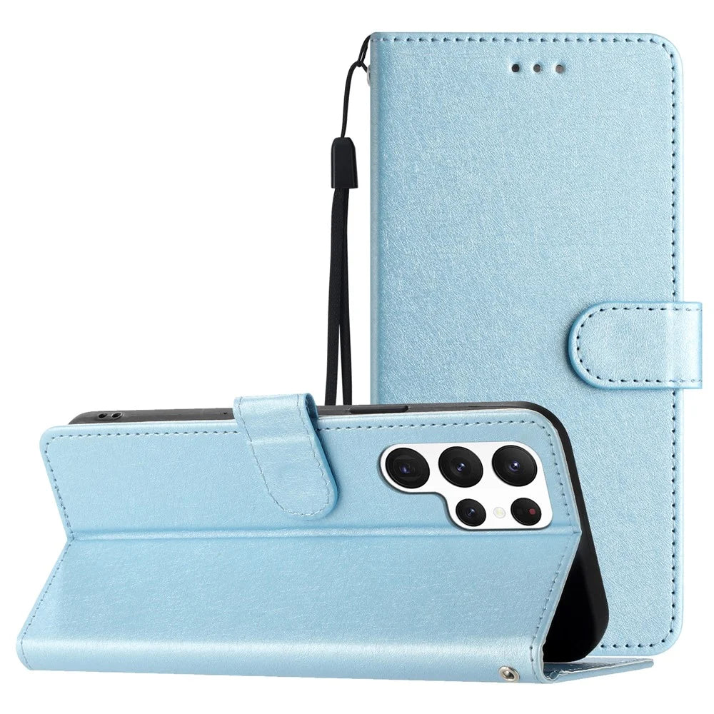 For Samsung Galaxy S22 Ultra 5G PU Leather Phone Case Stand Cover Silk Texture Full Protection Shell with Strap - Sky Blue - 7