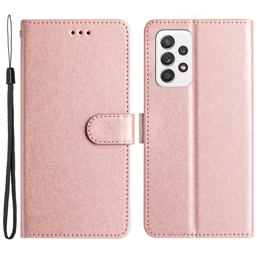 For Samsung Galaxy A33 5G PU Leather Phone Wallet Stand Cover Silk Texture Flip Case with Hand Strap - Rose Gold - 1