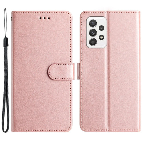 For Samsung Galaxy A33 5G PU Leather Phone Wallet Stand Cover Silk Texture Flip Case with Hand Strap - Rose Gold - 1