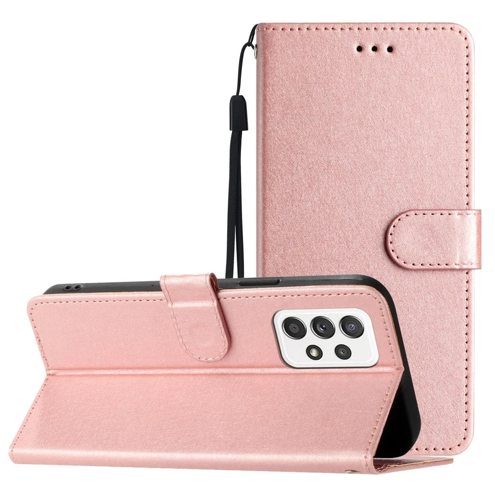 For Samsung Galaxy A33 5G PU Leather Phone Wallet Stand Cover Silk Texture Flip Case with Hand Strap - Rose Gold - 7