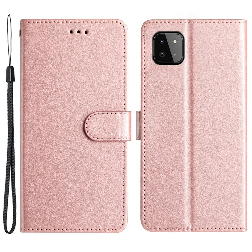 Phone Wallet for Samsung Galaxy A22 5G (EU Version) PU Leather Stand Cover Hand Strap Silk Texture Flip Case - Rose Gold - 1