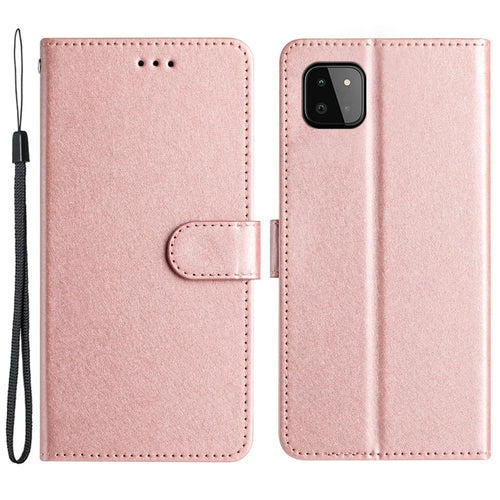 Phone Wallet for Samsung Galaxy A22 5G (EU Version) PU Leather Stand Cover Hand Strap Silk Texture Flip Case - Rose Gold - 1