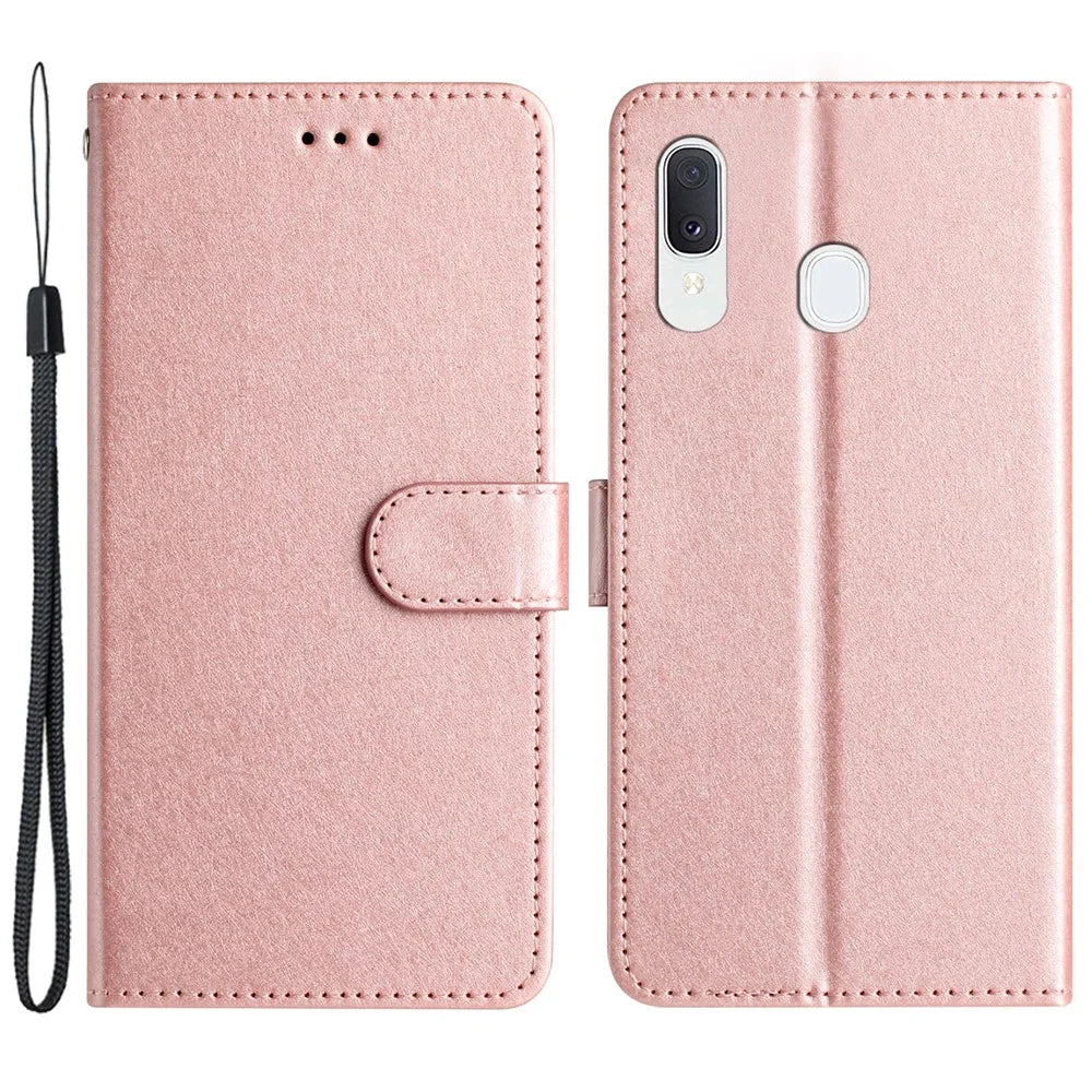 For Samsung Galaxy A40 Wallet Case Phone Stand Cover Silk Texture PU Leather Shell with Hand Strap - Rose Gold - 1
