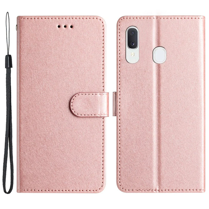 For Samsung Galaxy A40 Wallet Case Phone Stand Cover Silk Texture PU Leather Shell with Hand Strap - Rose Gold - 1