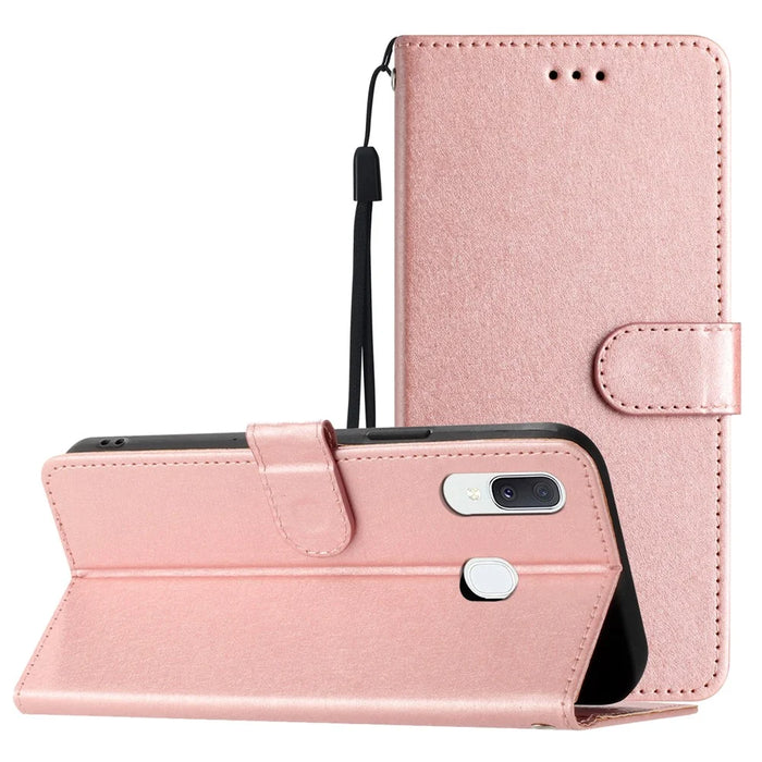 For Samsung Galaxy A40 Wallet Case Phone Stand Cover Silk Texture PU Leather Shell with Hand Strap - Rose Gold - 7