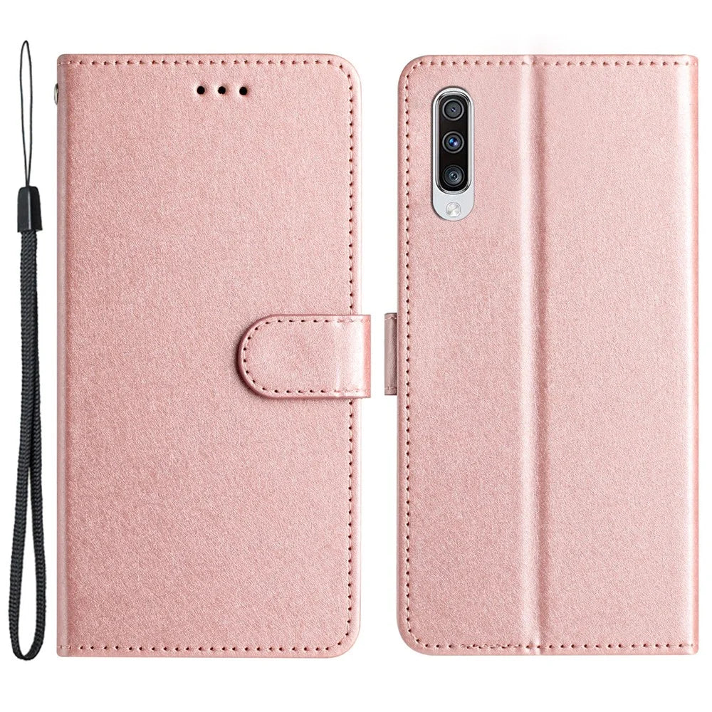 Silk Texture Shell for Samsung Galaxy A50 / A50s / A30s Phone Stand Cover Leather Wallet Case with Hand Strap - Rose Gold - 1