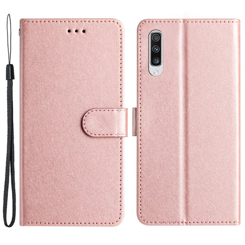 Silk Texture Shell for Samsung Galaxy A50 / A50s / A30s Phone Stand Cover Leather Wallet Case with Hand Strap - Rose Gold - 1