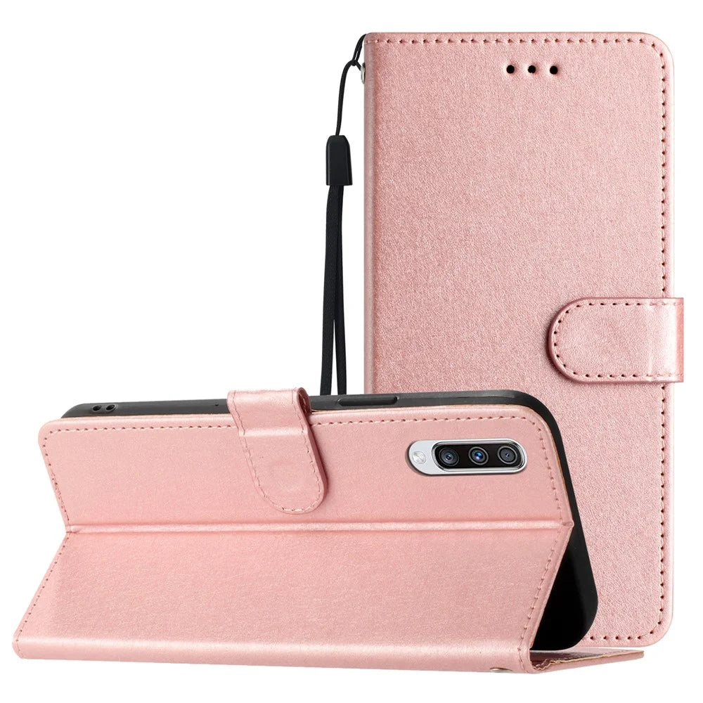 Silk Texture Shell for Samsung Galaxy A50 / A50s / A30s Phone Stand Cover Leather Wallet Case with Hand Strap - Rose Gold - 7