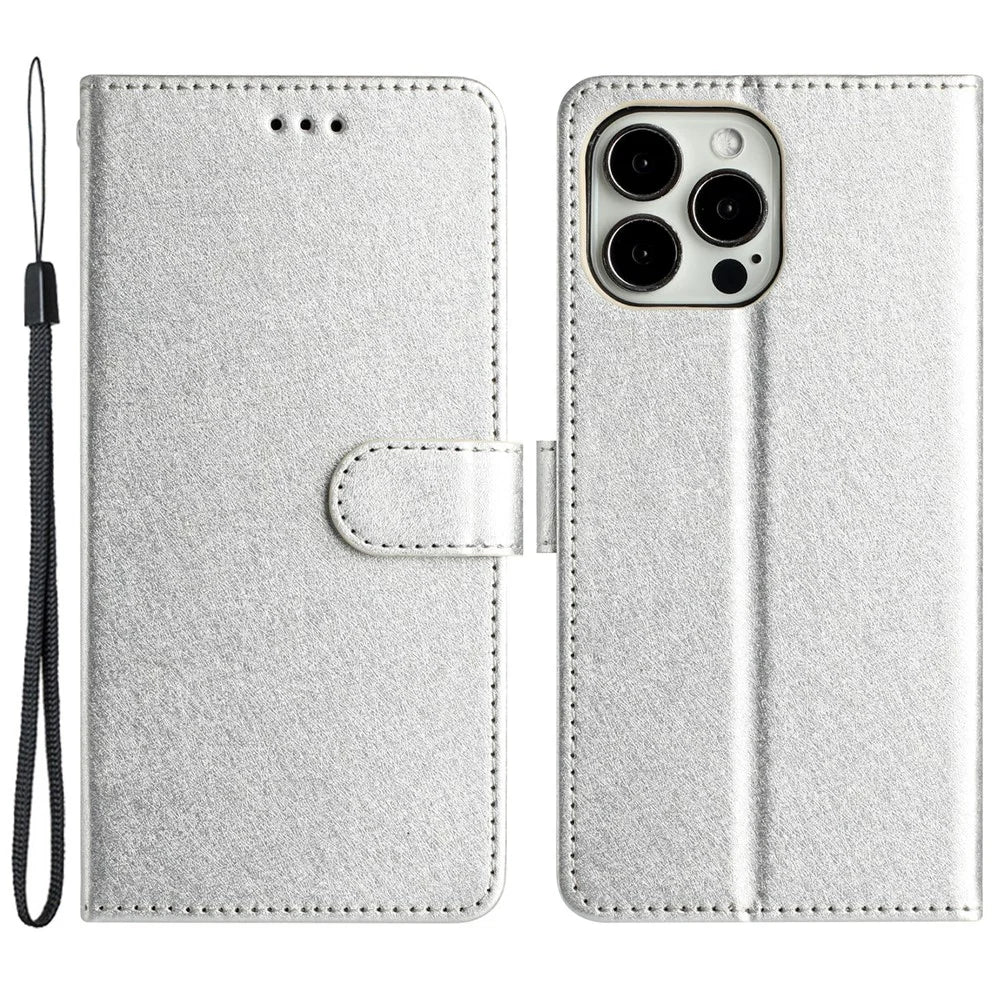 Phone Cover for iPhone 14 Pro Silk Texture Flip Case PU Leather Wallet Stand Shell with Wrist Strap - Silver - 1