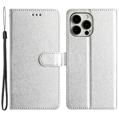 Phone Cover for iPhone 14 Pro Silk Texture Flip Case PU Leather Wallet Stand Shell with Wrist Strap - Silver - 1