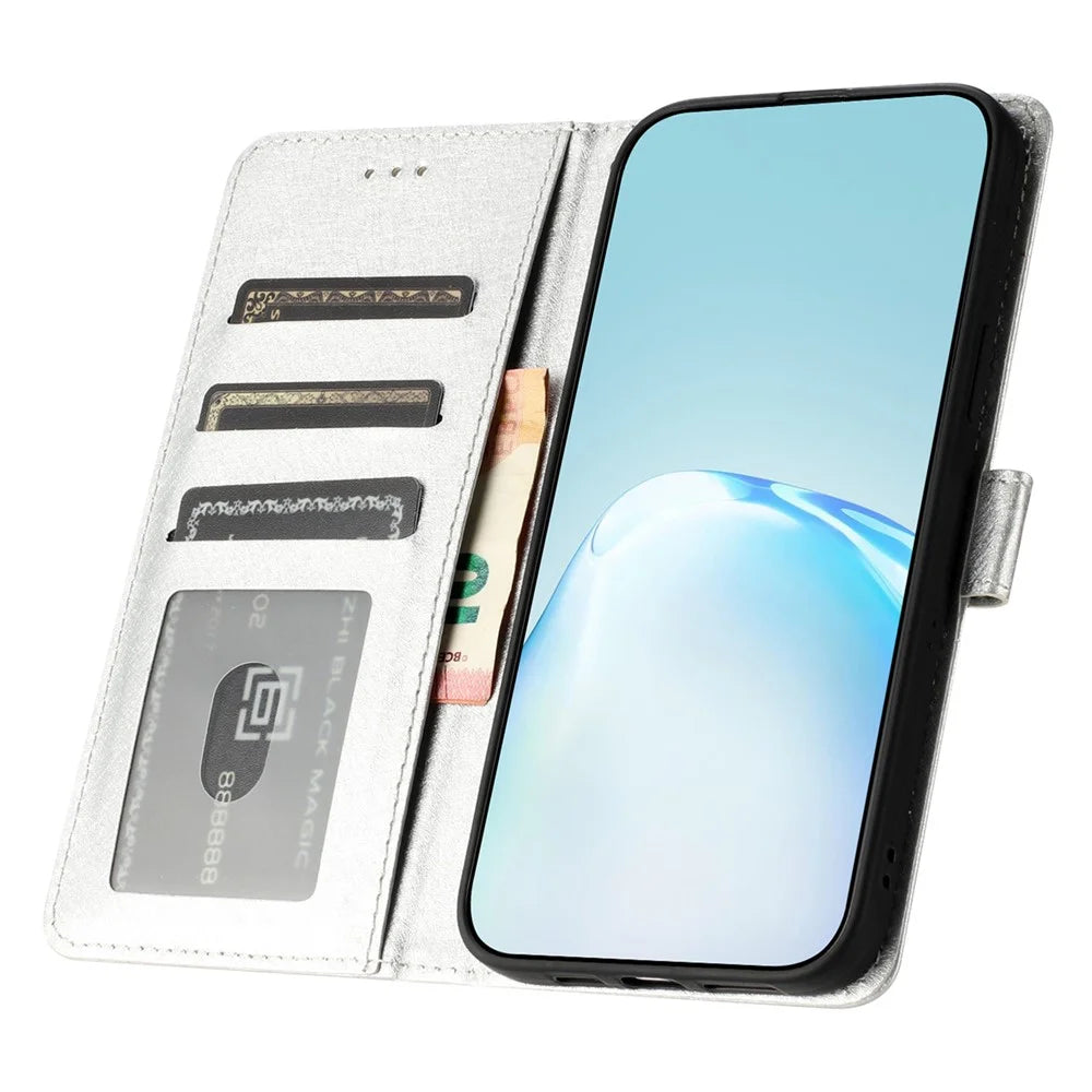 Phone Cover for iPhone 14 Pro Silk Texture Flip Case PU Leather Wallet Stand Shell with Wrist Strap - Silver - 2