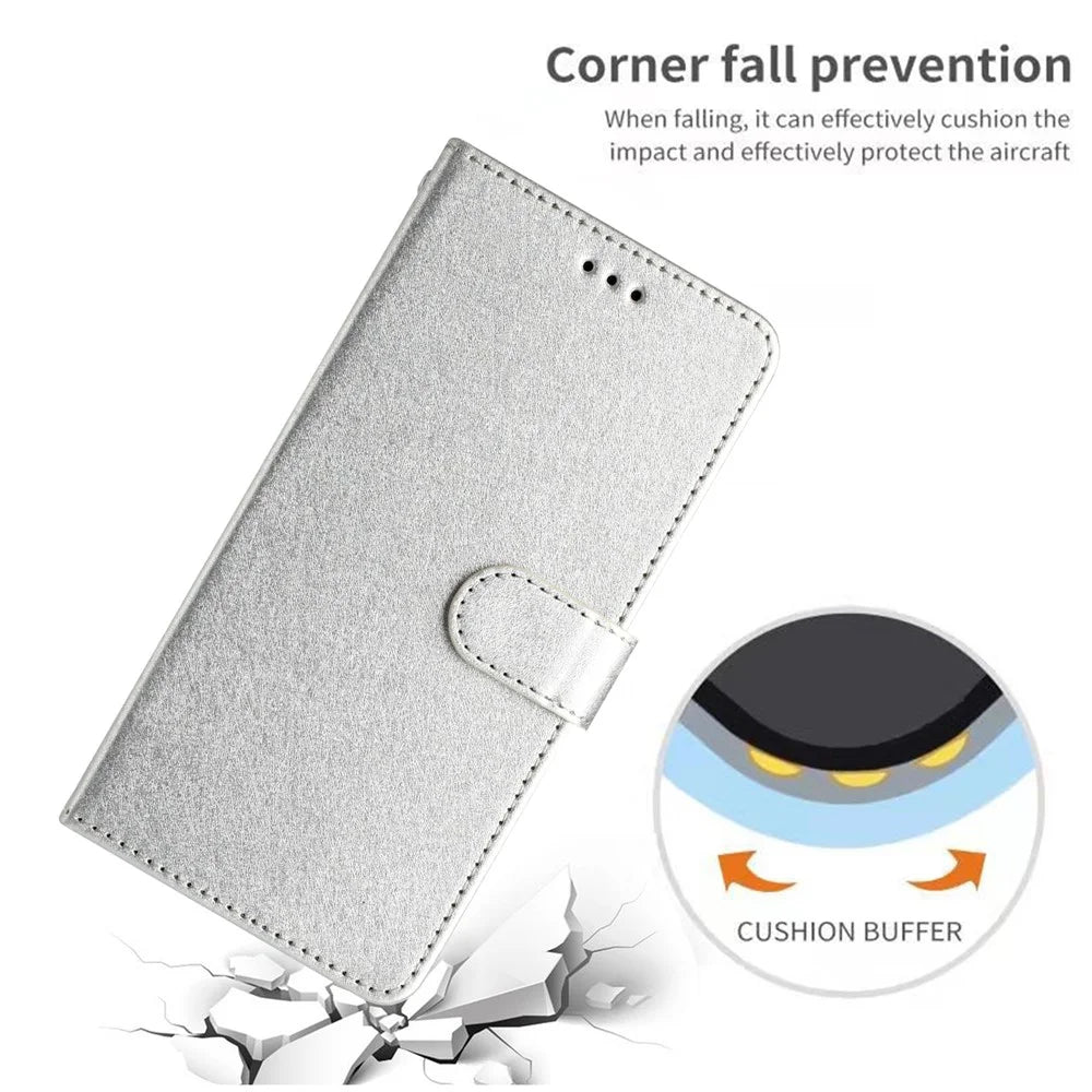 Phone Cover for iPhone 14 Pro Silk Texture Flip Case PU Leather Wallet Stand Shell with Wrist Strap - Silver - 4