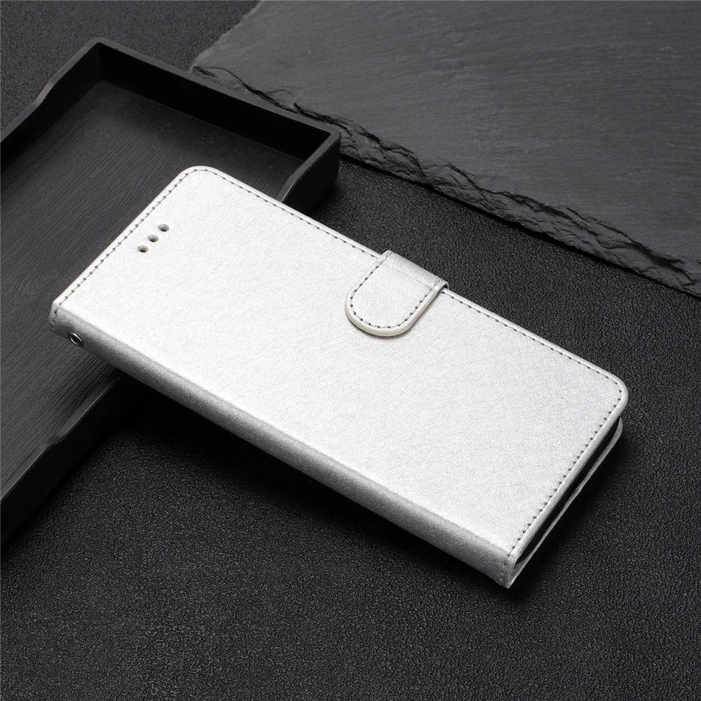 Phone Cover for iPhone 14 Pro Silk Texture Flip Case PU Leather Wallet Stand Shell with Wrist Strap - Silver - 6