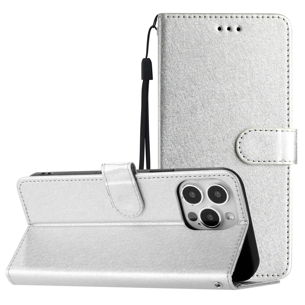 Phone Cover for iPhone 14 Pro Silk Texture Flip Case PU Leather Wallet Stand Shell with Wrist Strap - Silver - 7