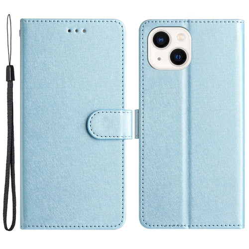 Flip Case for iPhone 13 mini 5.4 inch Silk Texture PU Leather Phone Cover Wallet Stand with Wrist Strap - Sky Blue - 1
