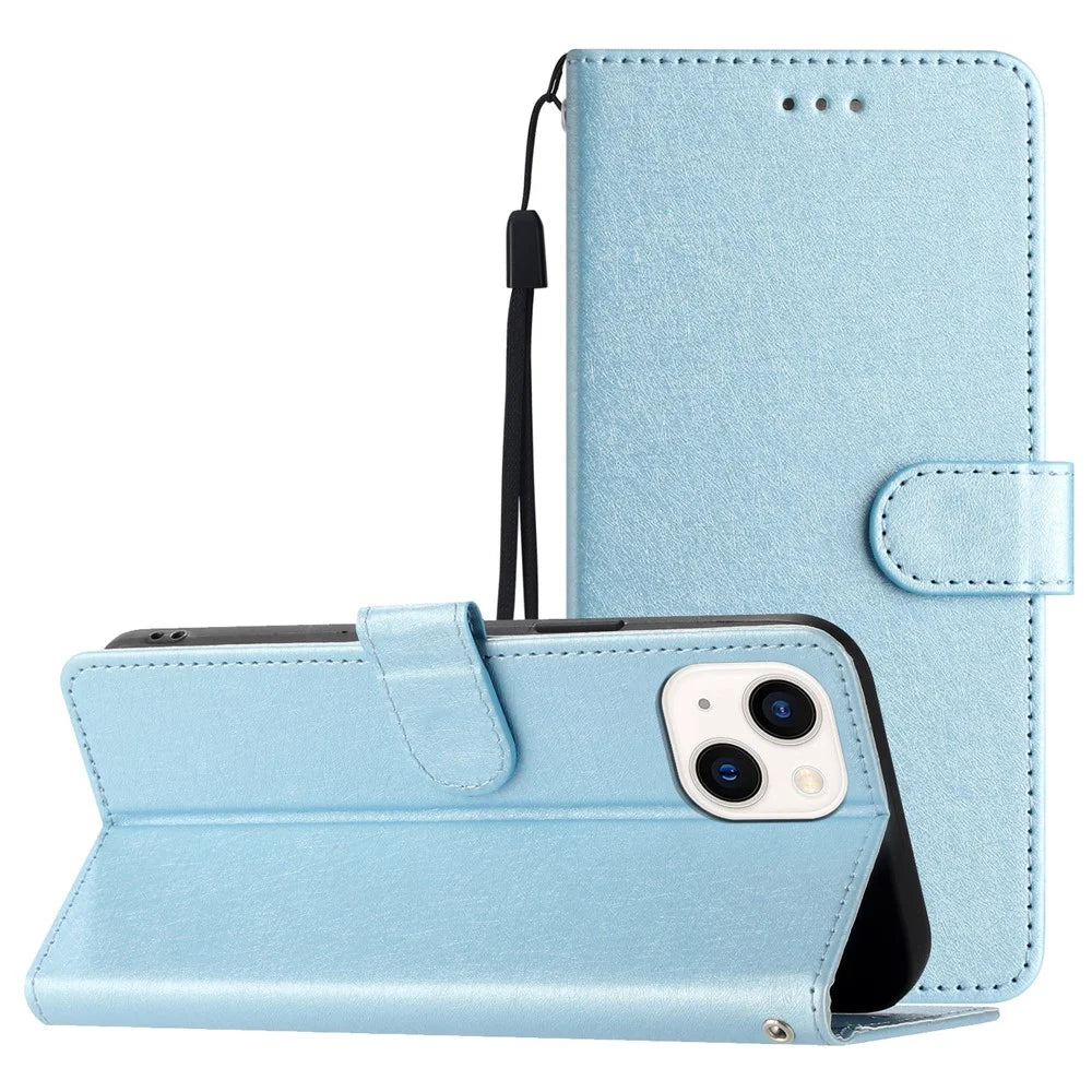 Flip Case for iPhone 13 mini 5.4 inch Silk Texture PU Leather Phone Cover Wallet Stand with Wrist Strap - Sky Blue - 7