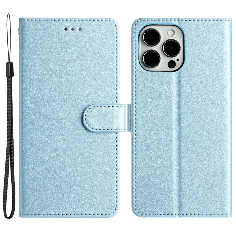 Phone Stand Cover for iPhone 13 Pro Max 6.7 inch PU Leather Silk Texture Wallet Case with Wrist Strap - Sky Blue - 1