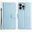 Phone Stand Cover for iPhone 13 Pro Max 6.7 inch PU Leather Silk Texture Wallet Case with Wrist Strap - Sky Blue - 1
