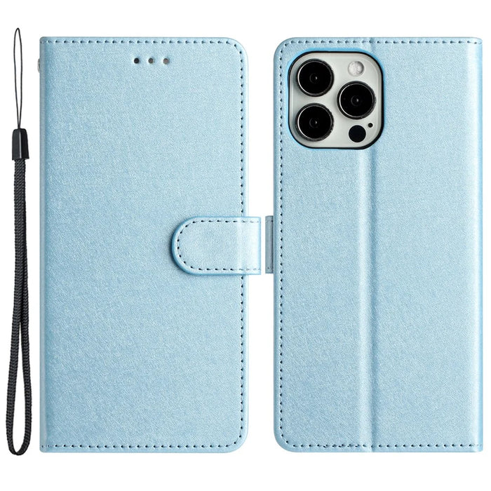 Phone Stand Cover for iPhone 13 Pro Max 6.7 inch PU Leather Silk Texture Wallet Case with Wrist Strap - Sky Blue - 1
