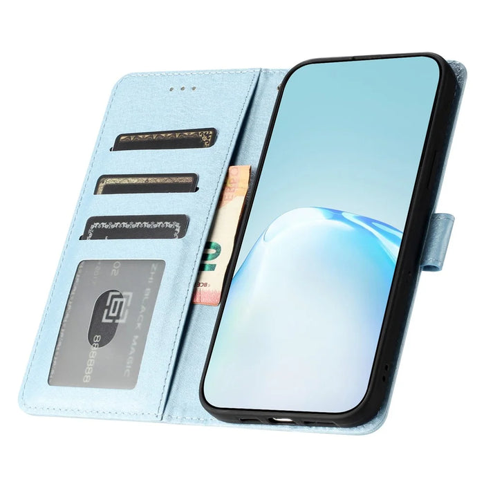 Phone Stand Cover for iPhone 13 Pro Max 6.7 inch PU Leather Silk Texture Wallet Case with Wrist Strap - Sky Blue - 2