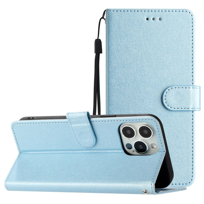 Phone Stand Cover for iPhone 13 Pro Max 6.7 inch PU Leather Silk Texture Wallet Case with Wrist Strap - Sky Blue - 7