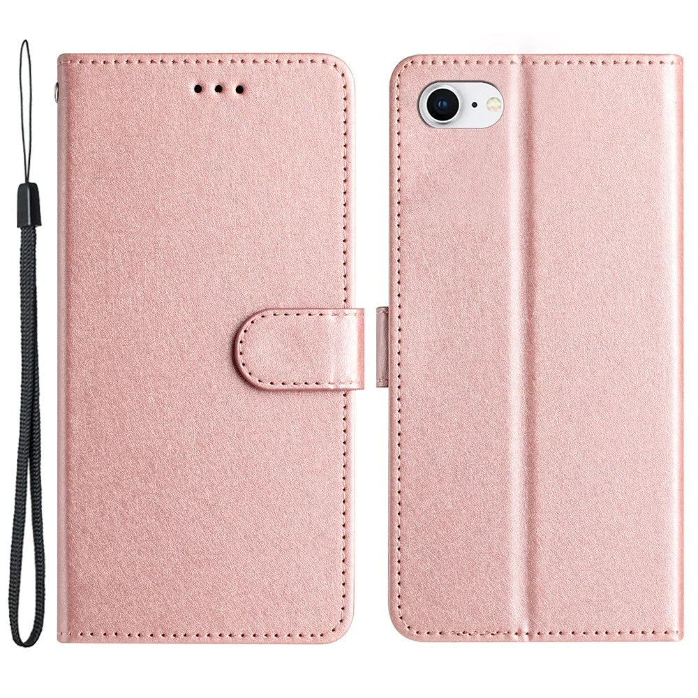 For iPhone 6 / 6s / 7 / 8 / SE (2020) / SE (2022) Phone Stand PU Leather Cover Silk Texture Wallet Case with Wrist Strap - Rose Gold - 1