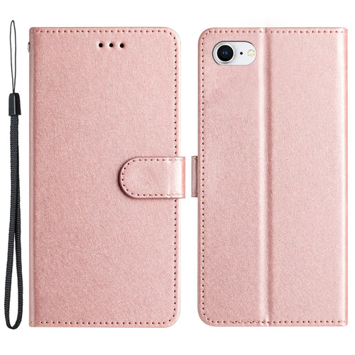 For iPhone 6 / 6s / 7 / 8 / SE (2020) / SE (2022) Phone Stand PU Leather Cover Silk Texture Wallet Case with Wrist Strap - Rose Gold - 1